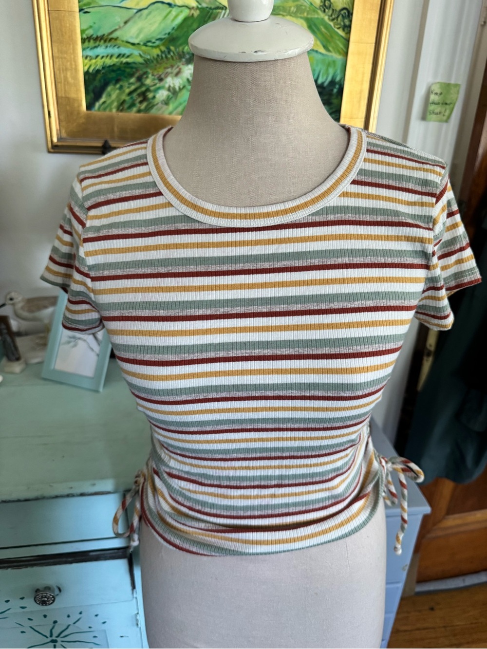 Sky And Sparrow Striped Ribbed Tie-Side Crop Tee Multi-Color S Cotton Blend VGUC